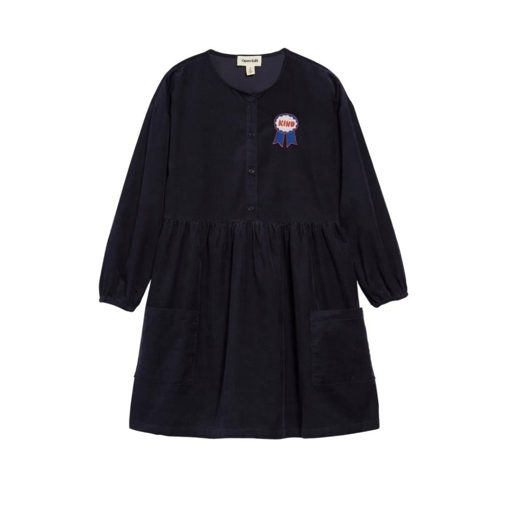 Open Edit Corduroy Henley Girls Dress Navy - Kind Award Patch